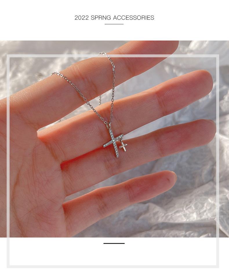 Minimalist Commuter Style Geometric Cross Rhinestone Inlaid Pendant S925 Sterling Silver Necklace