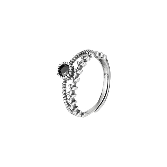 S925 Sterling Silver Black Cubic Zirconia Leaf Ring for Women, a Unique and Stylish Design, Perfect for the Index Finger with Fashionable and Individualistic Appeal
